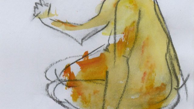 Gelbe Frau, sitzend, 2025, Kohle/Aquarell, ca. 50 x 35 cm