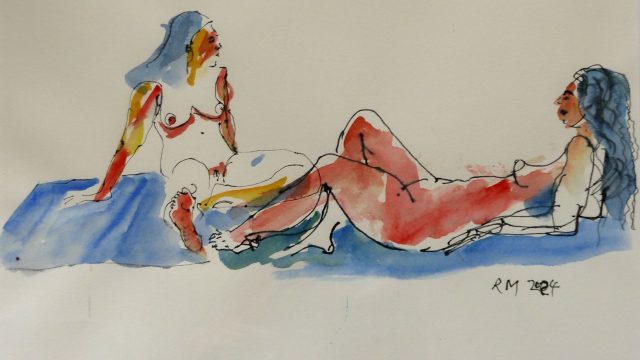 Zwei Frauen auf blauem Teppich, 2024, Aquarell, 35 x 50 cm