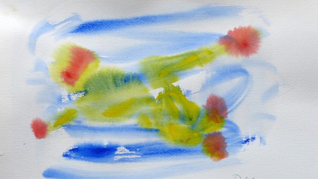 Abstrakt, blau, gelb, rot, 2026, Aquarell, 36 x 48 cm