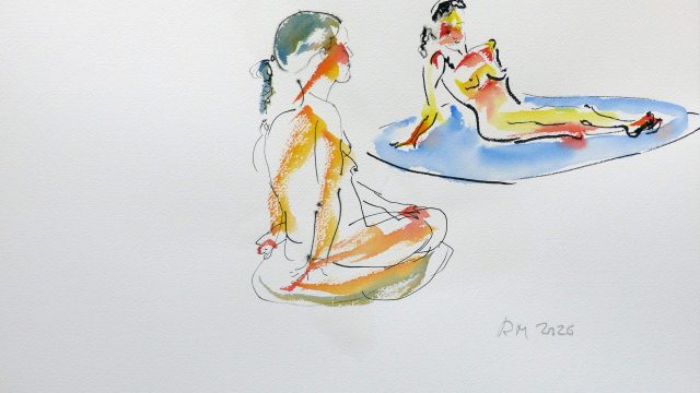 Zwei sitzende Frauen, 2026, Mischtechnik, 36 x 51 cm