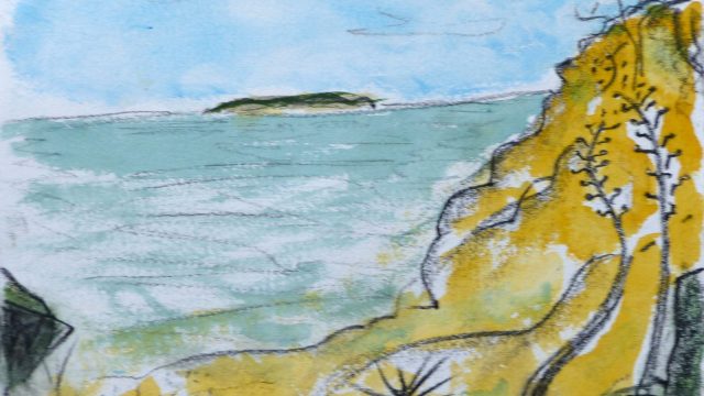 Gelber Berg und Sterne, Syros, ohne Jahr, Wachsmalstift/Aquarell, 29 x 29 cm