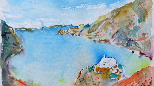 Lagune mit Kapelle, Syros, 2016, Aquarell, 24 x 36 cm
