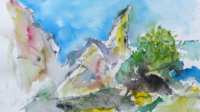 Spitzer Fels, Syros, 2015, Tuschstift/Aquarell, 24x 36