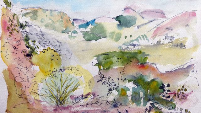 Landschaft, Syros, 2015, Tuschstift/Aquarell, 30 x 40 cm
