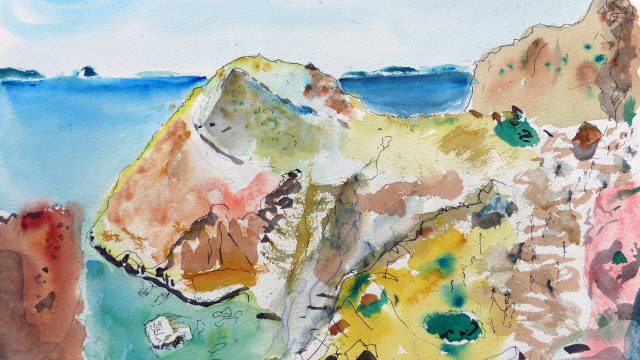 Landschaft mit Horizont, Syros, 2015, Tuschstift/Aquarell, 30 x 40 cm