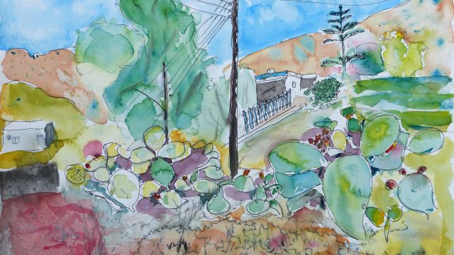 Kakteen und blauer Zaun, Syros, 2019, Tuschstift/Aquarell, 36 x 48 cm