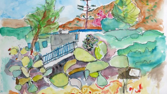 Kakteen und blauer Zaun, Syros, 2014, Tuschstift/Aquarell, 36 x 48 cm