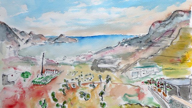 Feld mit Kakteen, Syros, 2024, Aquarell, 36 x 48 cm