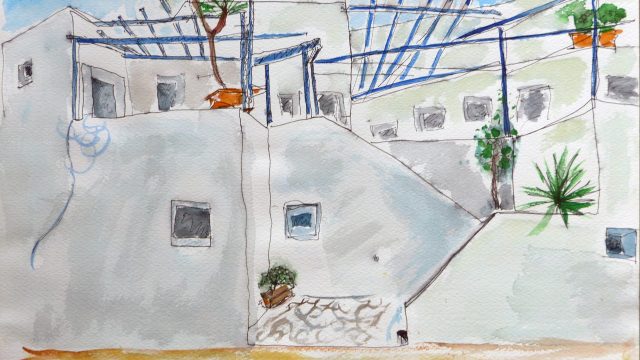 Wohnhaus, Galissas/Syros, 2014, Tuschstift/Aquarell, 36 x 48 cm