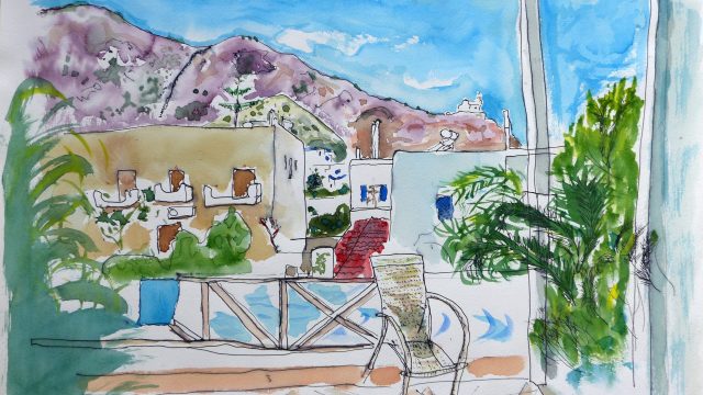 Blick vom Balkon, Syros, 2014, Tuschstift/Aquarell, 36 x 48 cm