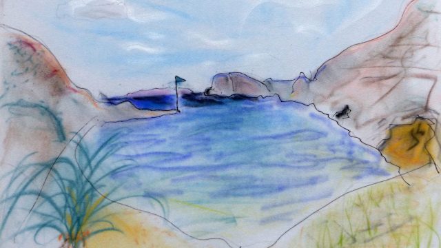 Bucht mit blauer Fahne, Syros, ohne Jahr, Mischtechnik, 24 x 32 cm