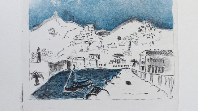 Ermo Poli, Hafen auf Syros, 2012, Lithografie zweifarbig, 39 x 53 cm Blatt