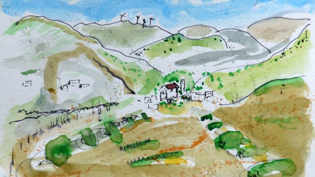 Feld und Hügel, Syros, 2013, Tuschstift/Aquarell, Postkarte