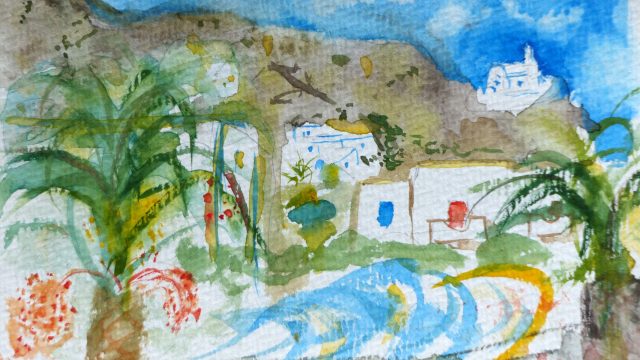 Palme auf Platz, Syros, ohne Jahr, Aquarell, Postkarte