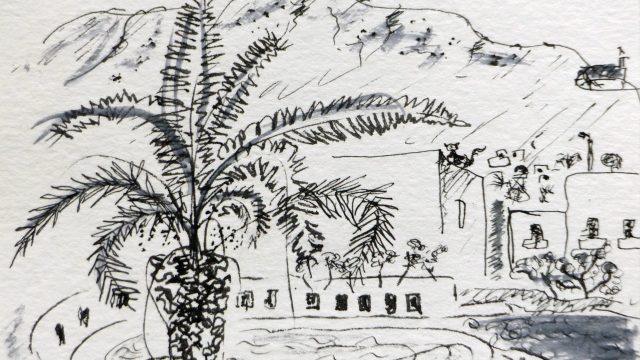 Palme auf Platz, Syros, 2011, Tuschstift, Postkarte