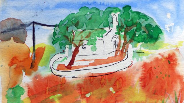 Kapelle zwischen Bäumen, Syros, 2020, Aquarell, Postkarte