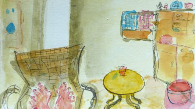 Interior mit Füßen, Syros, ohne Jahr, Tuschstift/Aquarell, Postkarte
